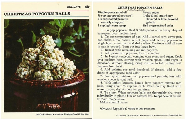 Christmas Popcorn Balls from McCall’s Great American Recipe Collection 1973