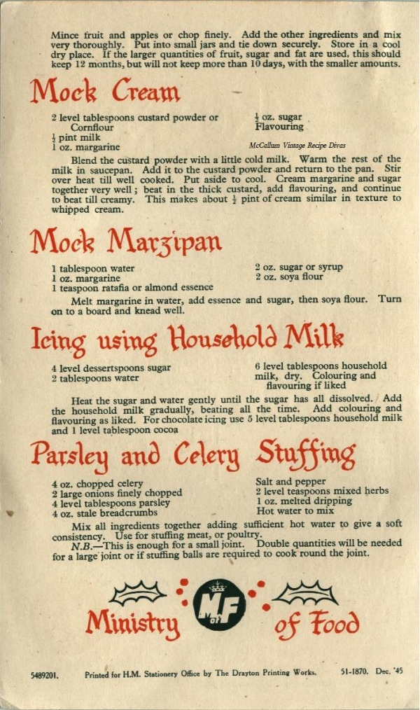 War-time Christmas Recipes 1945 Back